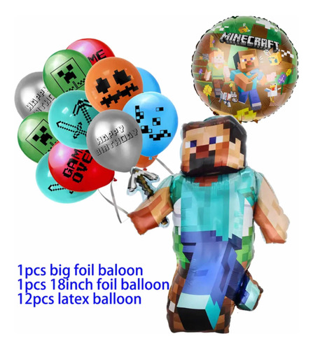 Pack Globos Metalizados Látex Minecraft Cumpleaños