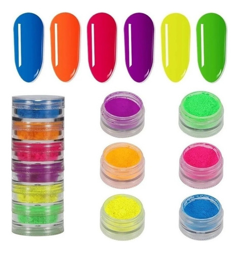 6 Potinhos Pó Neon Glitter Fino Decoração De Unhas Nail Art