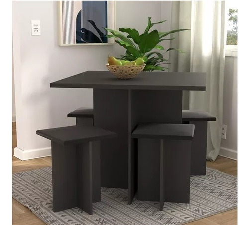 Juego Comedor 4 Sillas - Mesa + Banquetas - Desayunador Color Negro