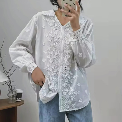 Camisa Importada Matilda Brodery Y Flores Aplicadas De Mujer