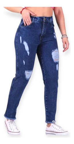 Pantalón De Jeans Mom Fit Rígido Tiro Alto Con Y Sin Rotura