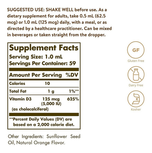 Vitamina D3 Liquida (5000iu) Solgar 59 Ml Pack De 2