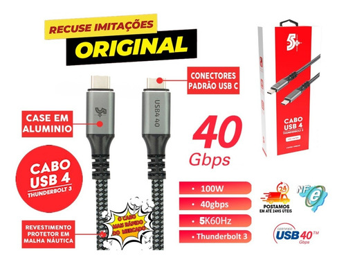 Cabo Tipo C Usb-c 100w 5k 40gbps Xps Thunderbolt3 1m