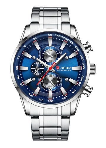 Relógio De Pulso Curren 8351 Com Corria De Aço Inoxidável Cor Prateado - Fondo Azul