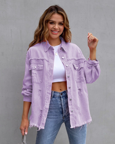 Chaqueta Oversize De Jeans Rasgada Y Gastada Para Mujer