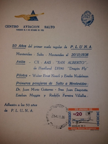 Tarjeta Walter Noack Emilio Nudelman Vuelo Pluna Mvdeo Salto