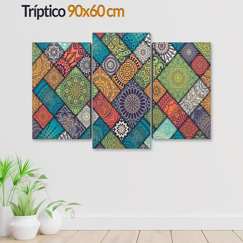 Cuadro Decorativo Moderno Colores Mandalas Jd-0336 M Tríptico 90x60 Cm Sin Marco