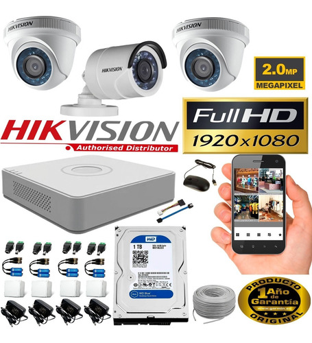 Kit Hikvision Turbo Hd Cctv Dvr 4c + 3 Camaras + Disco 1tb