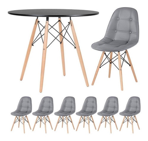 Mesa Jantar Eames 90 Cm 6 Cadeiras Estofada Botone Coloridas Cor Mesa Preto Com Cadeiras Cinza Escuro