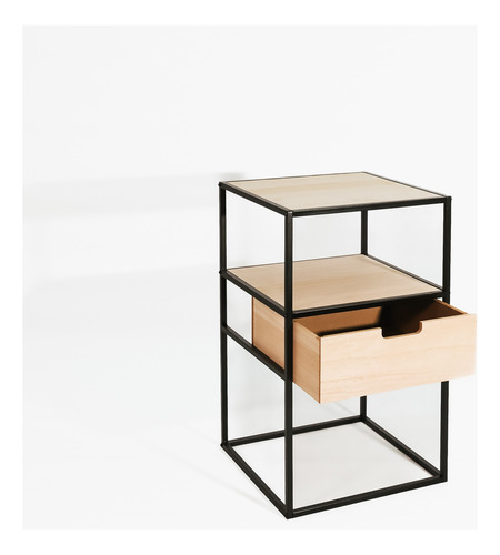 Set 2 Mesas De Luz Diseño Industrial Madera Hierro Con Cajón