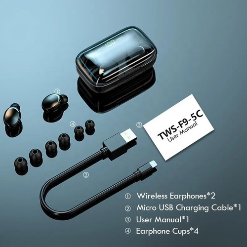 Auriculares in-ear inalámbricos F9 negro con luz LED