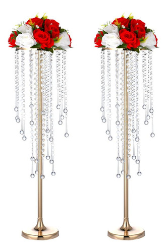 2 Jarron Flor Dorado 29.5  Candelabro Cristal Centro Mesa