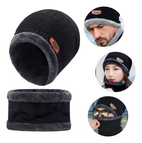 Touca Cachecol Forrada Lã Frio Inverno Unissex Gorro Echarpe Cor Preto Desenho Do Tecido Lisa Tamanho Único