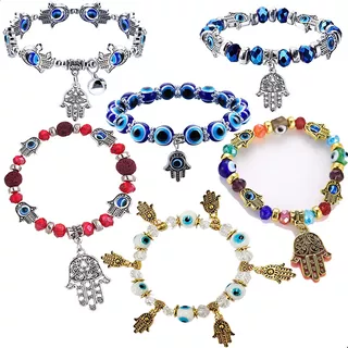 6 Kit Pulsera Ojo Turco Dije Mano De Fatima Chakras Energia