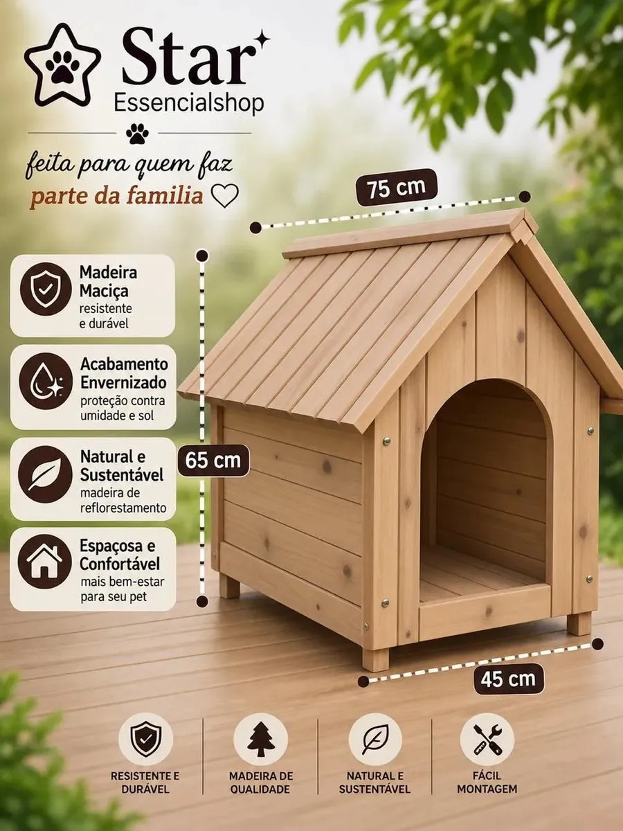 Casinha Pet Luxo Envernizada Grande Abrigo Para Cachorro Resistente E Confortável Exterior Inferior Sol Chuva Media N3