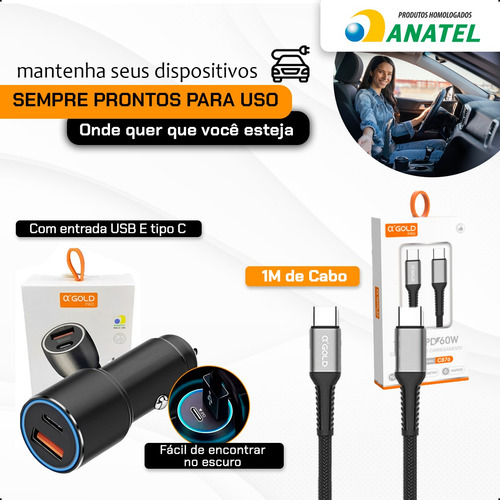 Carregador Veicular Turbo 60w Kit Com Cabo-tipo-c Preto