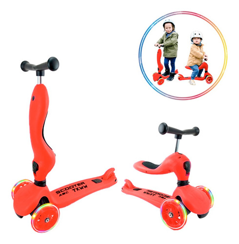 Scooter 2 En 1 Para Niños Con Luces Rgb Rojo