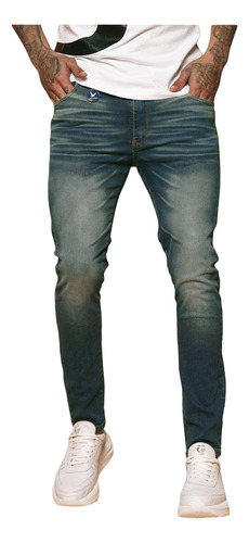 Jean Bross Slim Con Bigotes Laser Chapita Azul