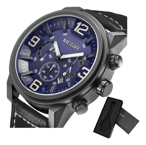 Reloj pulsera Megir 3010G con correa de cuero fondo negro/azul