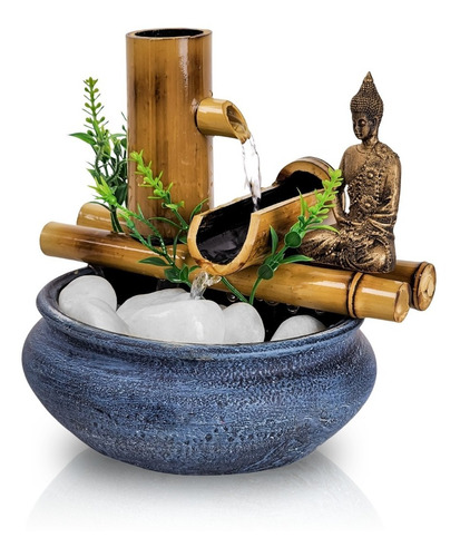 Fonte De Mesa Bambu Agua 2 Quedas Buda Hindu Decorativa 18cm