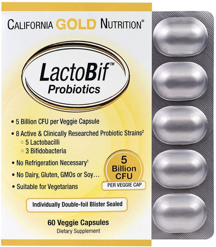 Probióticos Lactobif, 5 mil millones de cápsulas, 60 cápsulas, California Gold Imp USA, sabor sin sabor