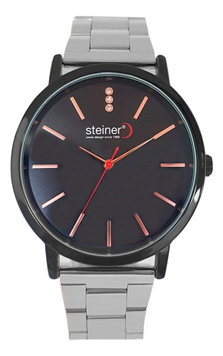 Reloj De Pulso Steiner Para Dama Acero Inoxidable 3atm Correa Plateado Bisel Negro Fondo Negro