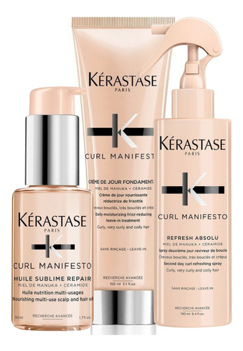 Kit Crema Spray y Aceite Tratamiento Para Cabello Rizado y Ondulado Kerastase Curl Manifesto 3 Pzas