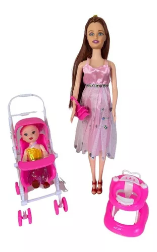 Boneca Gravida Estilo Barbie Andador Carrinho Bonequinha morena