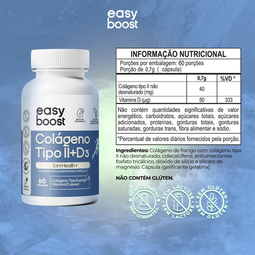 Colágeno Tipo 2 40mg + D3 2000ui Easy Boost 60 Capsulas Sabor Neutro