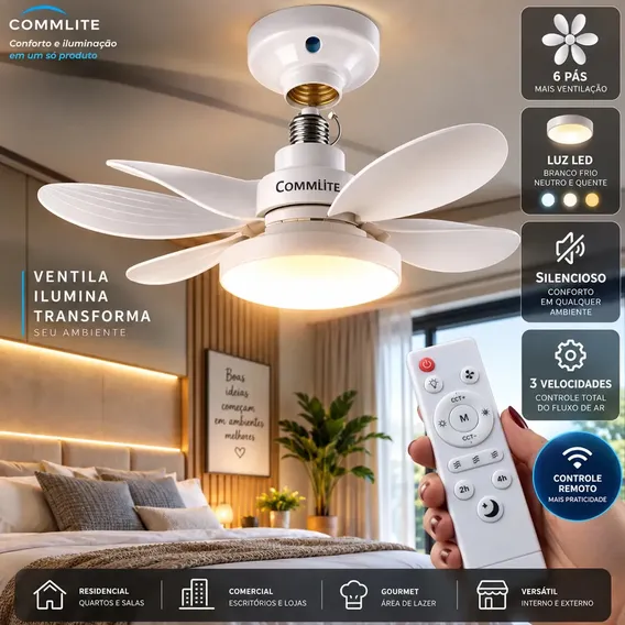 Ventilador de Teto 60W Silencioso Lâmpada Forte com LED, Controle e 6 Pás Soquete E27 Para Residencial Comercial Interno Externo Quarto Sala Cozinha Escritório Gourmet Apartamento Casa - Commlite