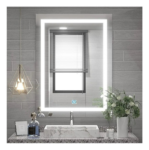Espelho Jateado Iluminado Com Led E Touch Screen 130x100cm Moldura Branco Quente 3000k Na Horizontal