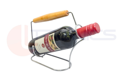 Porta Vinho Suporte Para Garrafa Cromado Alça De Madeira 