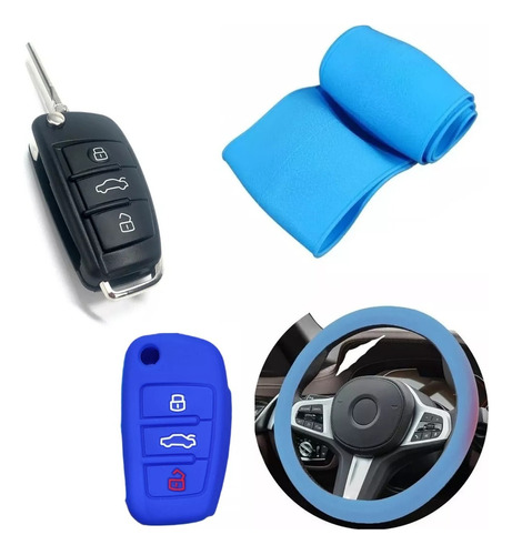 Cubre Volante + Funda Llave Silicona - Audi 3 Botones - Azul