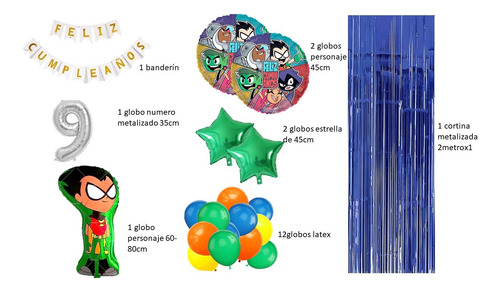Kit Decoración Jovenes Titanes Globos+cortina+banderin Verde Y Azul