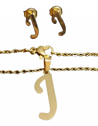 Set Dije Inicial J Plateado/dorado Cadena Aros C/caja Acero Dorado