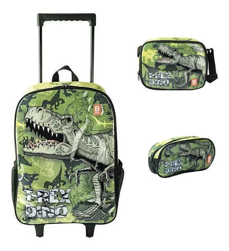 Mochila Con Ruedas Lonchera Y Cartuchera Set Dinosaurios