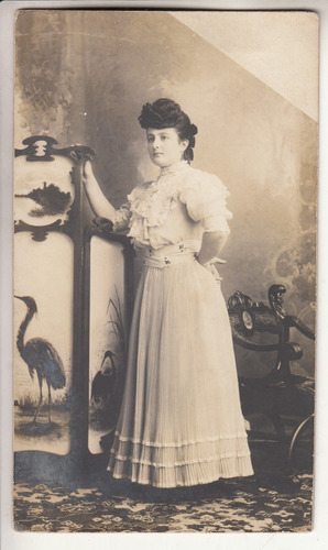 1907 Fotografia Postal Dama Biombo Silla Vestido Montevideo