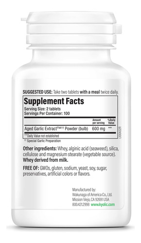 Suplemento Kyolic Aged Alho Extract Formula 100 200 Comprimi