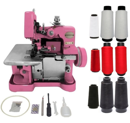 Máquina Costura Overlock Semi Industrial + Kit Linha E Fio Cor Rosa 110v