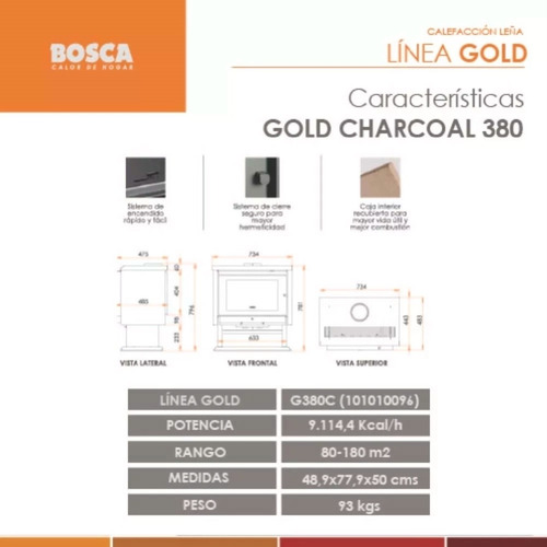Salamandra Bosca Gold 380 Charcoal Estufa Leña 180m2 9100kca