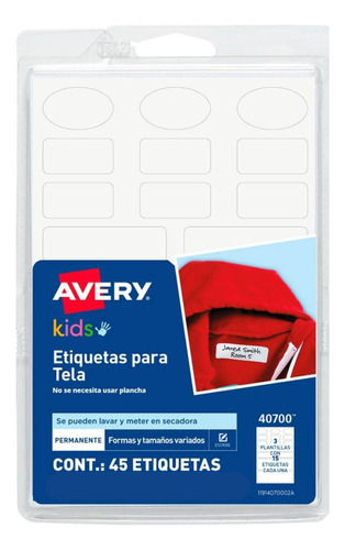 45 Etiqueta Blancas Avery Ropa Tela Niños Formas Lavables