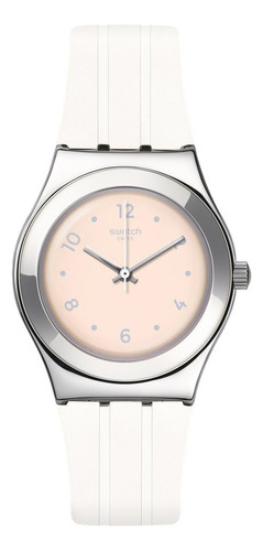 Reloj Swatch Blusharound Yls199 Mujer Suizo Correa Blanca Color De La Malla Blanco Color Del Bisel Plateado Color Del Fondo Naranja Claro