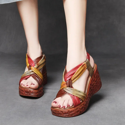 Sandalias Étnicas De Tacón Alto Para Mujer De Cuero Genuino