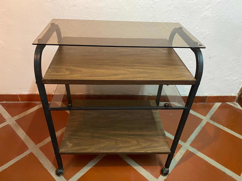 Mesa De Vidrio Y Madera Con Ruedas Para Café O Postres