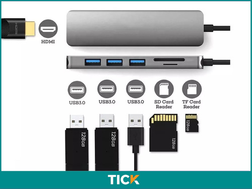 Adaptador Aluminio Hub 6 En 1 Usb Tipo C Hdmi Usb Power 65w Aluminio