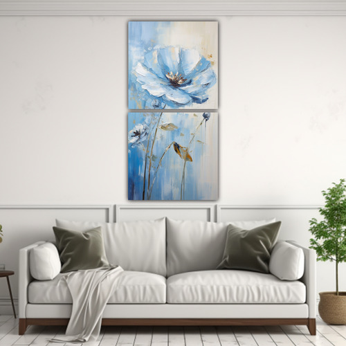 160x80cm Set 2 Arte Pared Azul Flores Lienzo Bastidor Madera