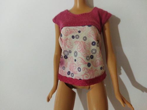 Barbie Ropa Accesorio Blusa Rosada Flores Azules Bordes 