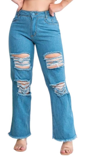 Imagem 1 de 2 de Calça Jeans Wide Leg Pantalona Rasgada Destroyed Moda Retrô