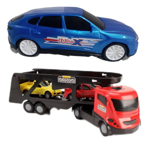 Kit Caminhão + Carro Corrrida Com 2 Carrinhos Brinquedo Fofo Cor Azul