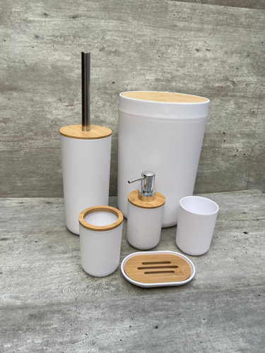 Set De Baño Plástico Y Bambú 6 Piezas Estilo Nordico Blanco